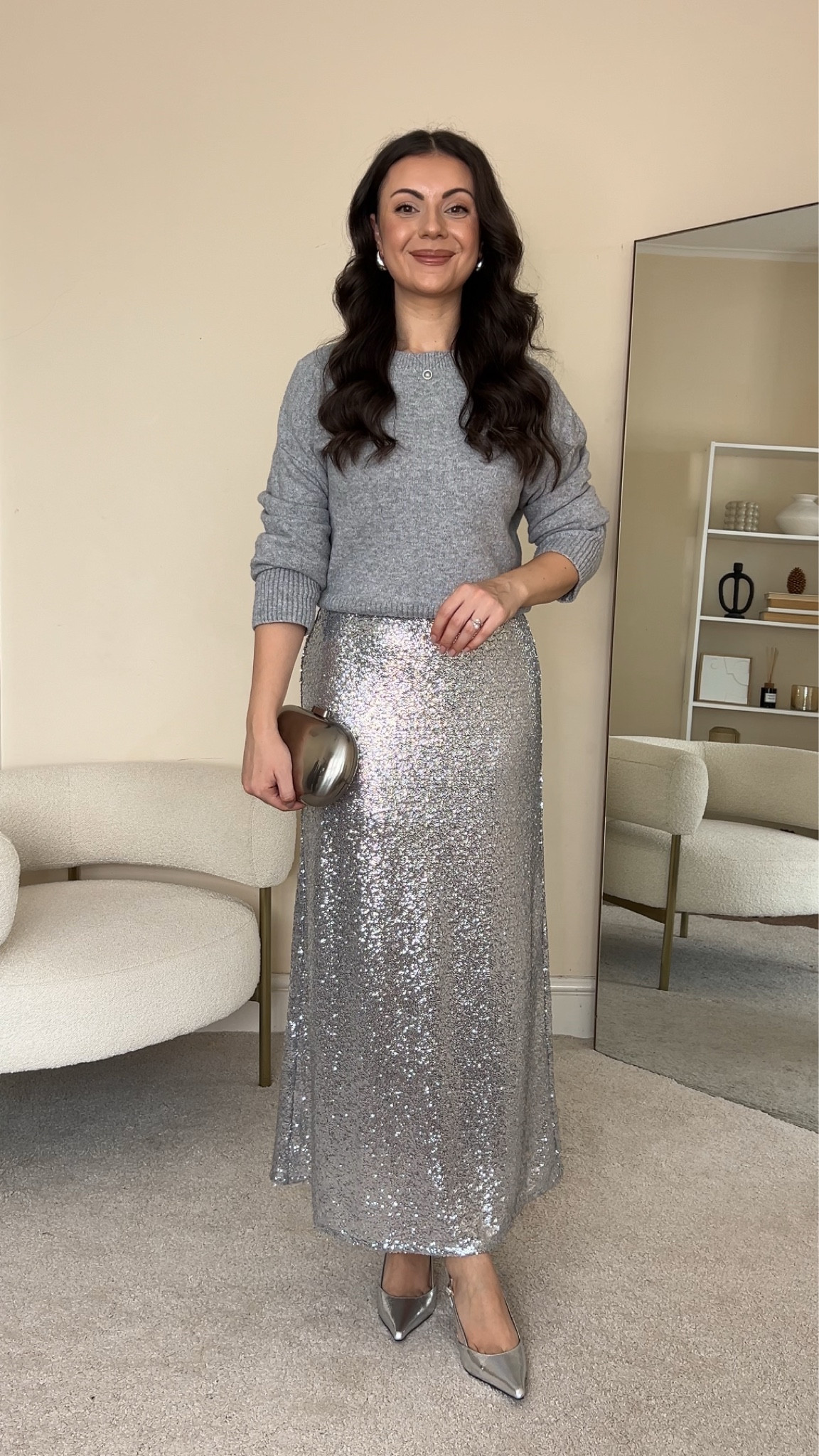 Holiday party outfit. Jumper is &OtherStories, wearing size S. Skirt is H&M, wearing size S. Heels & clutch bag are also H&M.

#LTKCyberWeek #LTKpartywear #LTKstyletip