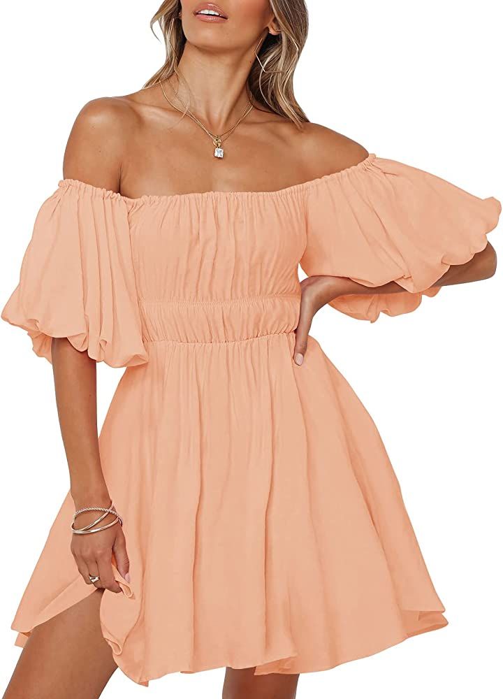 SYZRI Women's Summer Puff Sleeve Off Shoulder Mini Dress Ruffled A Line Flowy Swing Beach Dress | Amazon (US)