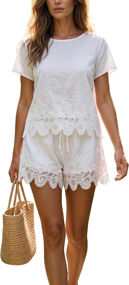 Women's Summer 2-Piece Outfit Boho Lace Trim Short Sleeve Top and Shorts Sets Dressy Cloth | Amazon (US)