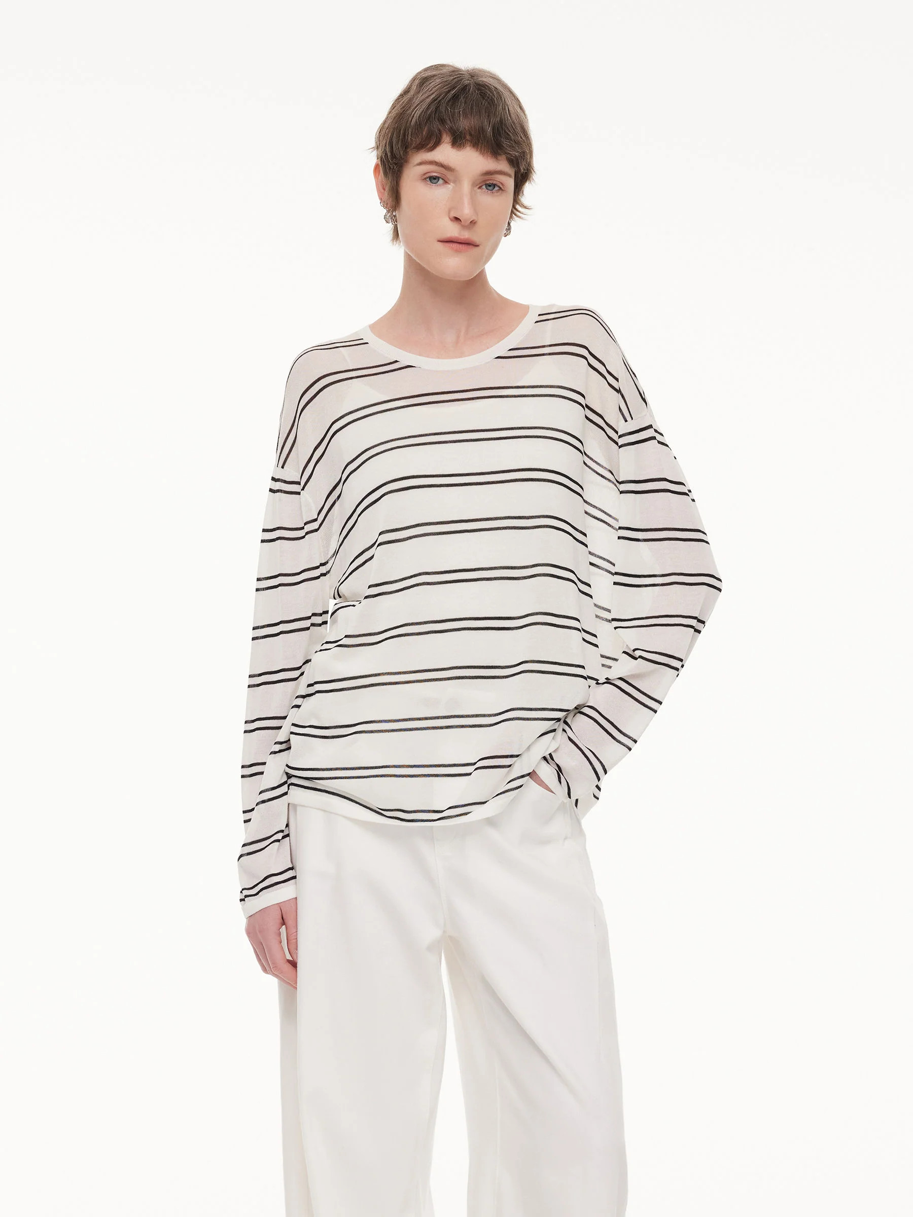 Lyocell Mulberry Silk Blend Stripe Women Knit Top | GOELIA