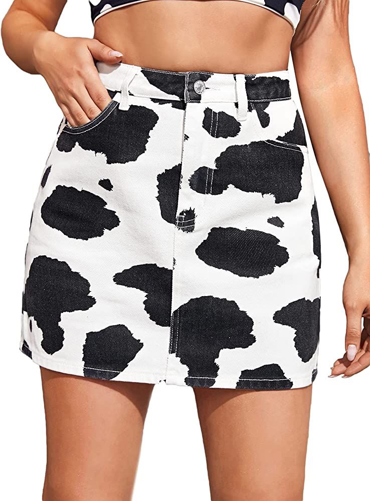 MakeMeChic Women's Cow Print High Waist Mini Denim Skirt | Amazon (US)