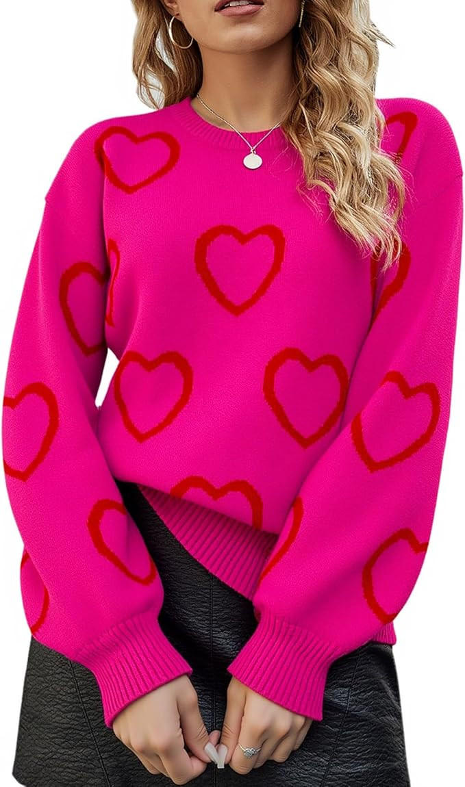 ECOWISH Women Valentine Heart Sweater V Neck Embroidery Knit Loose Casual Long Sleeve Ribbed Pull... | Amazon (US)