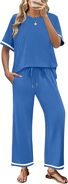 SAMPEEL 2 Piece Sets for Women Casual Summer Travel Vacation Outfits Short Sleeve Lounge Set | Amazon (US)