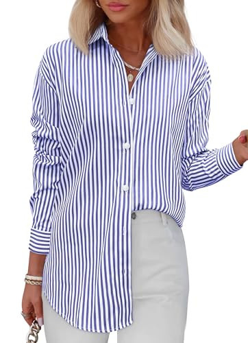 Diosun Womens Striped Button Down Shirts Classic Long Sleeve Stylish Collared Office Work Blouses Tops (M, Striped Blue) | Amazon (US)