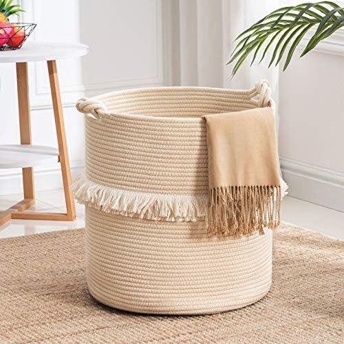 YOUDENOVA Large Woven Rope Storage Basket, Baby Nursery Hamper for Toy&Clothes, Beige Decorative Bla | Amazon (US)