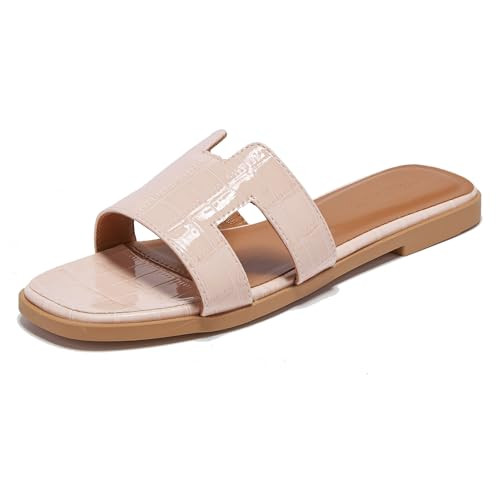TRULAND H Strap Flat Slide Sandals for Women - Cute Fashion Open Square Toe Summer Dressy Sandals (10 US,Blush) | Amazon (US)