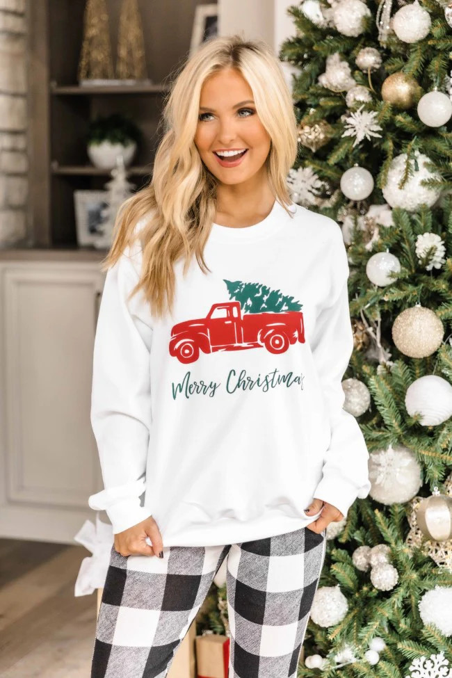 Trucking Along This Christmas White Graphic Sweatshirt | The Pink Lily Boutique