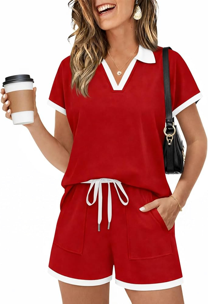 Yousify Womens Lounge Sets Two Piece Sets Summer Polo Shirts and Drawstring Shorts Matching Cloth... | Amazon (US)