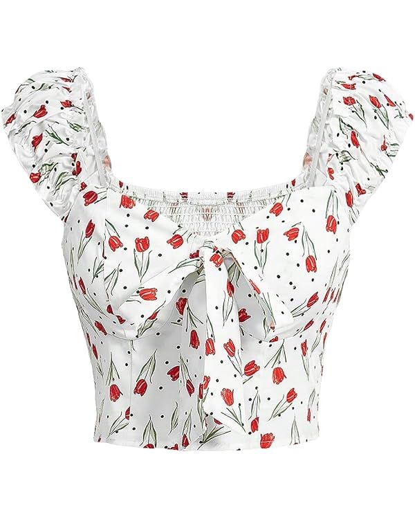Milumia Women Bow Knot Scoop Neck Going Out Crop Tops Floral Summer Shirred Tee Shirts | Amazon (US)