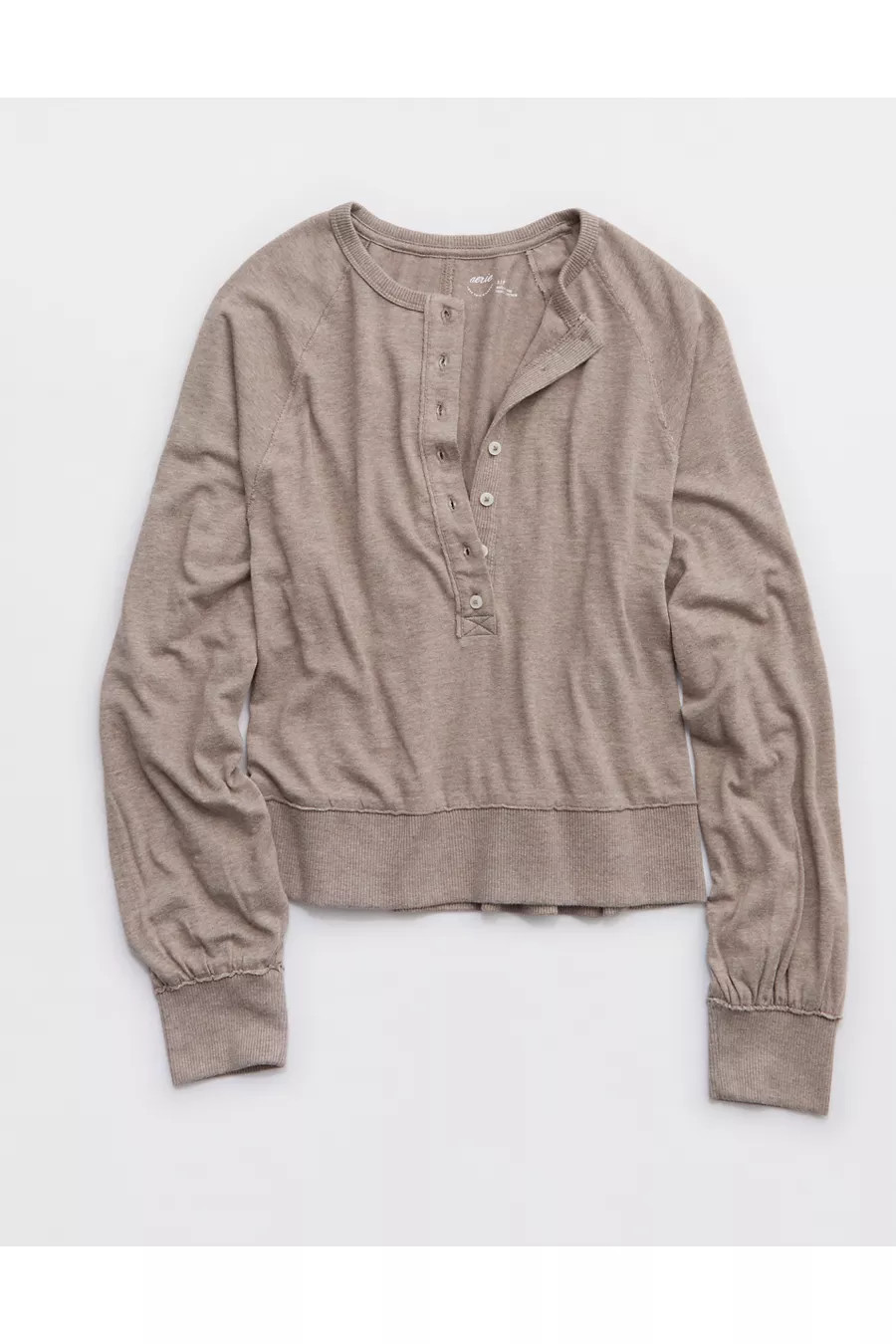 Aerie Happy Snit Henley T-Shirt Women's Heathered Taupe S | Aerie