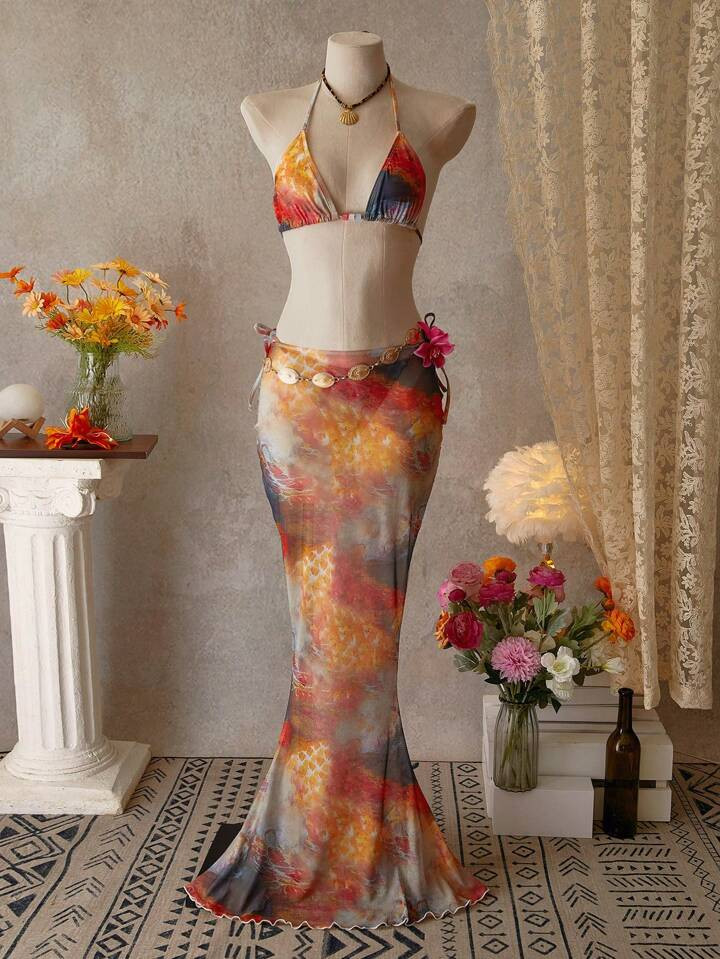 Bellisia 3pcs Women's Tie Dye Printed Bikini Set With Long Maxi Skirt, Beach Casual Swimwear For Summer | SHEIN