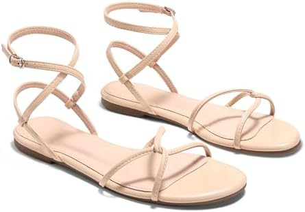 Coutgo Womens Flat Sandals Strappy Open Toe Cross Lace Up Ankle Strap Summer Dressy Beach Shoes | Amazon (US)