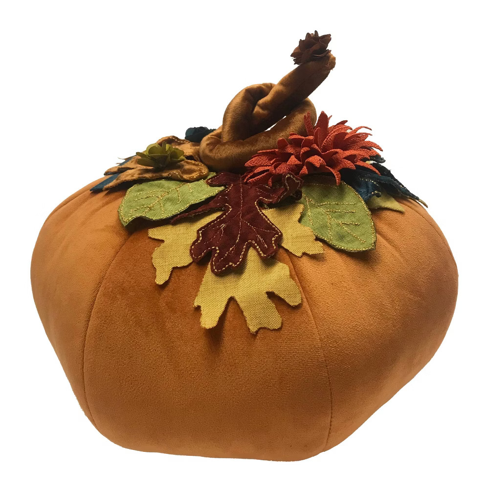 7""x14"" Dimensional Velvet Pumpkin with Embroidered Leaves Throw Pillow Orange - Edie@Home | Target