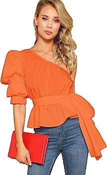 Women's One Shoulder Short Puff Sleeve Self Belted Solid Blouse Top | Amazon (US)