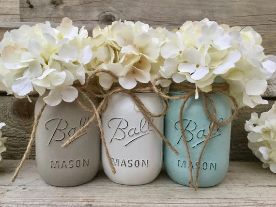 Painted Mason Jars-Rustic Mason Jar Decor-Vintage Farmhouse Home Decor-Grey-White-Rustic Home Dec... | Etsy (US)