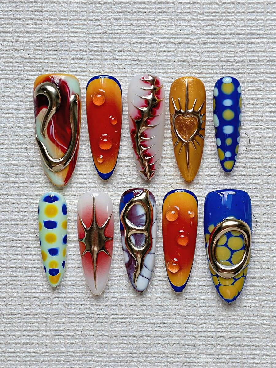 10pcs Almond-Shaped Gothic Vampire Style Nail Stickers - Green To Orange Ombre French Manicure, G... | SHEIN