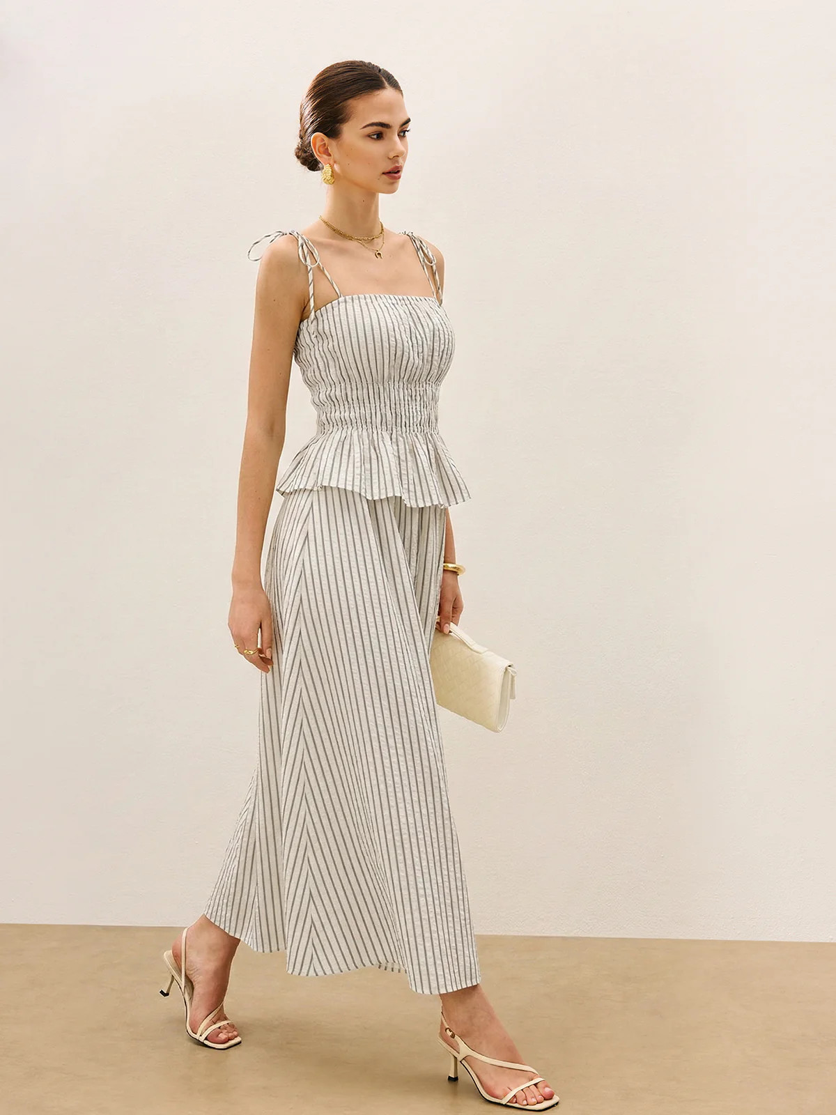 Striped Peplum Cami Top & Wide-Leg Pants Set | Commense
