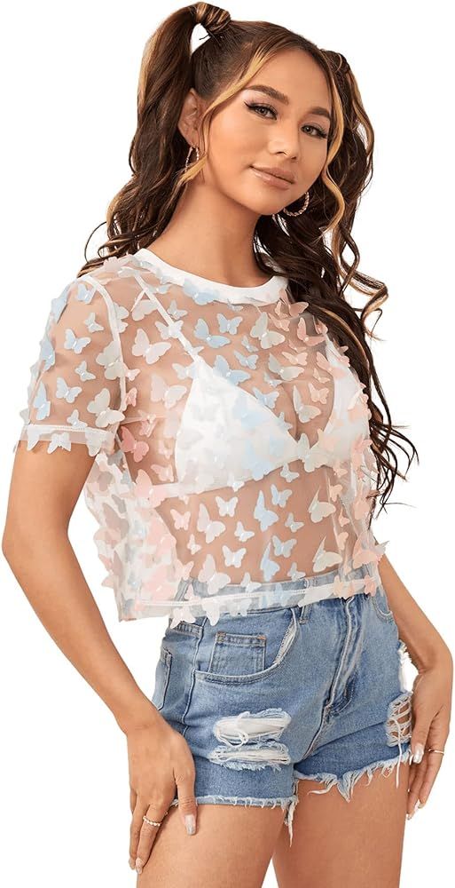 SweatyRocks Women Sexy Sheer Mesh Crop Tops Floral Embroided See Throught Short Sleeve T Shirt Bl... | Amazon (US)