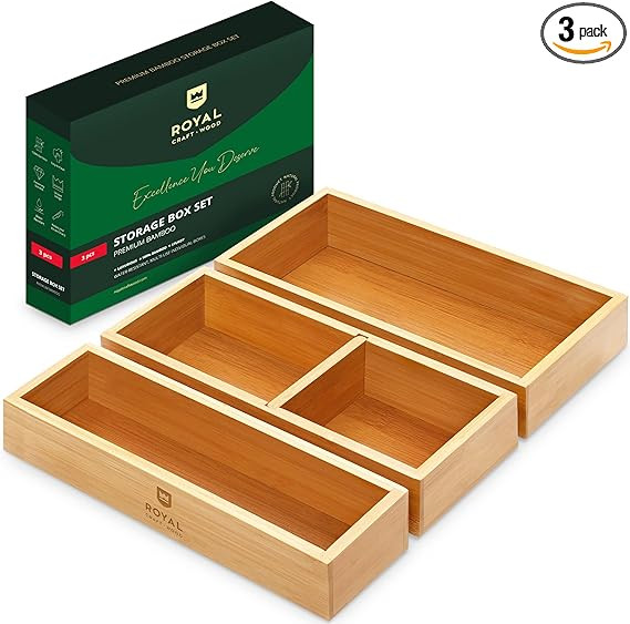 ROYAL CRAFT WOOD Luxury Bamboo Drawer Organizer Storage Box, Bin Set - Multi-Use Drawer Organizer... | Amazon (US)