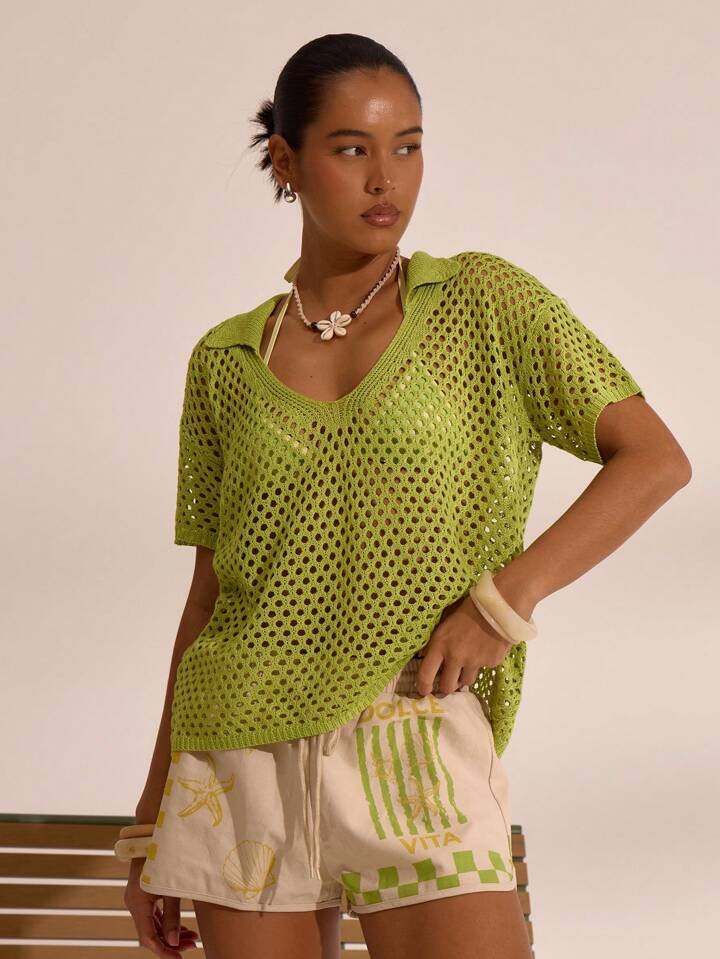 MUSERA Crochet V Neck Oversized Collar T-Shirt Spring Summer Vacation Boho Ibiza Elegant Beach Cu... | SHEIN