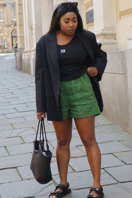 Loewe tank top, the Frankie shop, the Frankie shop blazer, black vest top, Loewe , black blazer, green shorts, linen, linen shorts 

#LTKsummer #LTKeurope