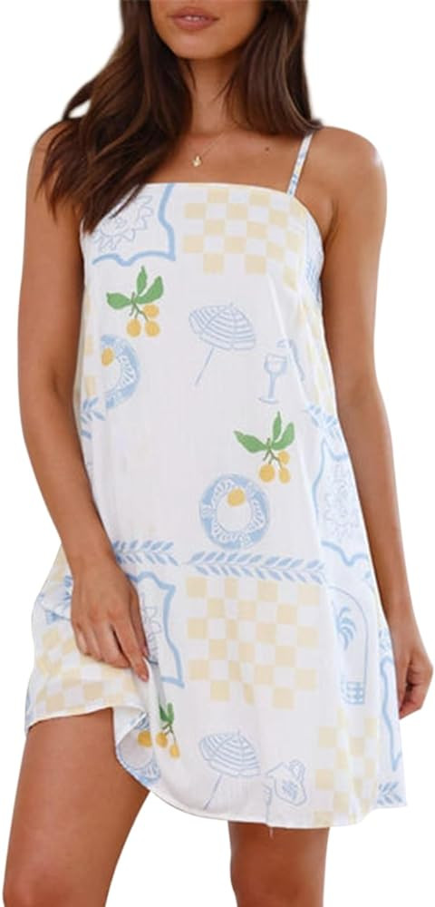 NUFIWI Women Boho Graffiti Cami Mini Dress Spaghetti Strap Printed A Line Short Dress Cute Colorf... | Amazon (US)