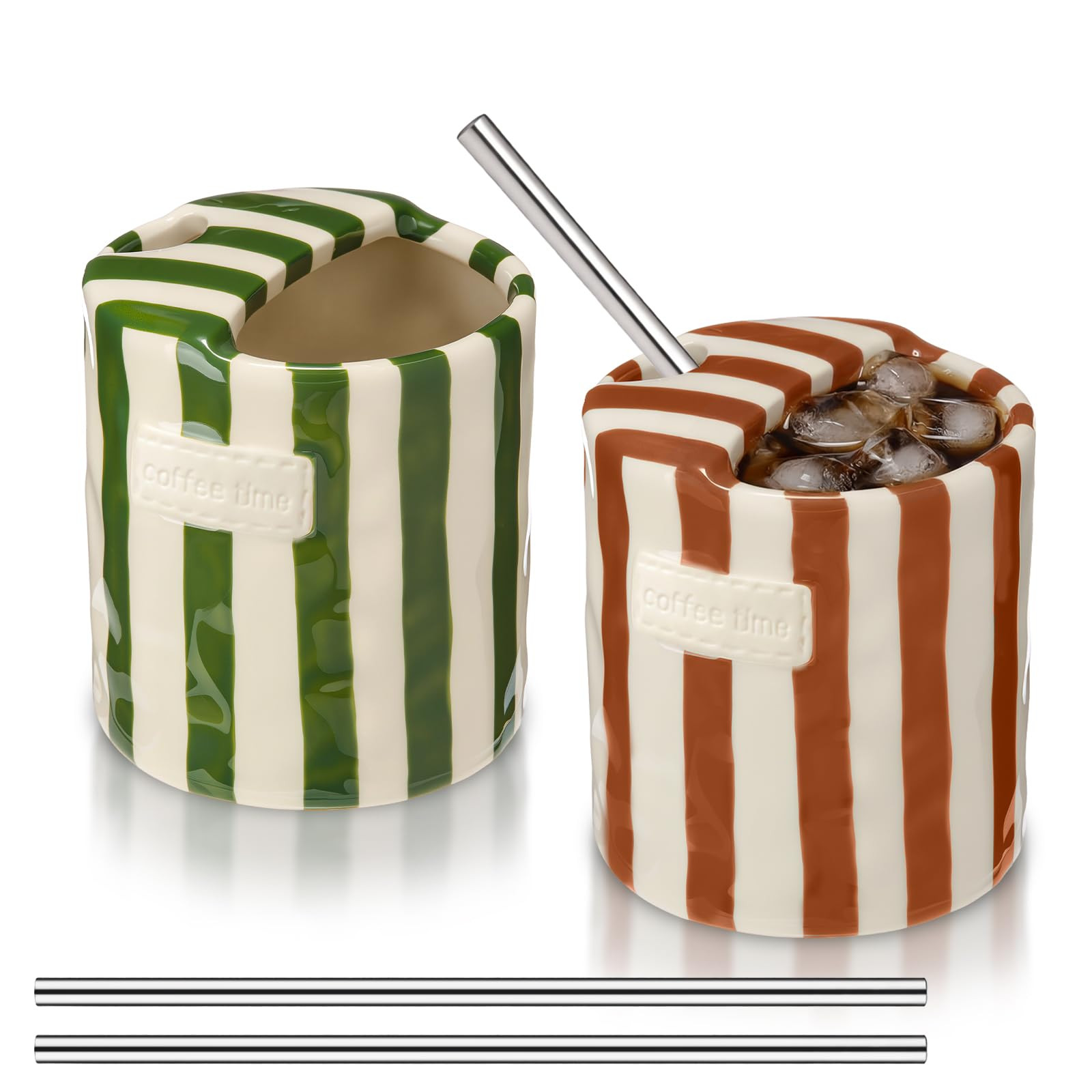 2 Pack Ceramic Coffee Mug with Sip Hole Espresso Cup 10oz with Straws Retro Hand Painted Striped ... | Amazon (US)