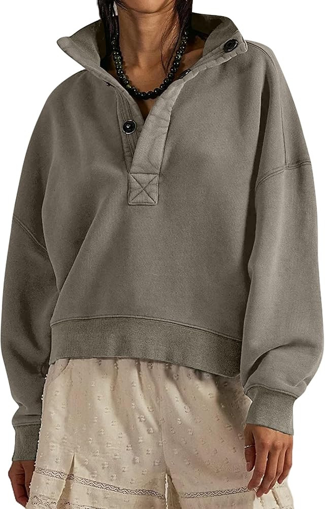 Mock Neck Sweatshirts for Women Oversized Button Fleece Henley Pullover Tops 2025 Casual Long Sle... | Amazon (US)