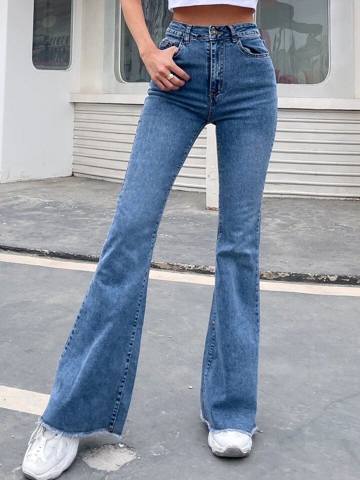 SHEIN Frenchy High-rise Raw Hem Flare Jeans | SHEIN