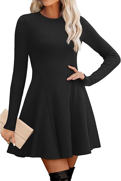 OFEEFAN Sweater Dress for Women Fall 2025 Long Sleeve Crew Neck Ribbed Knit Fit and Flare A-Line ... | Amazon (US)