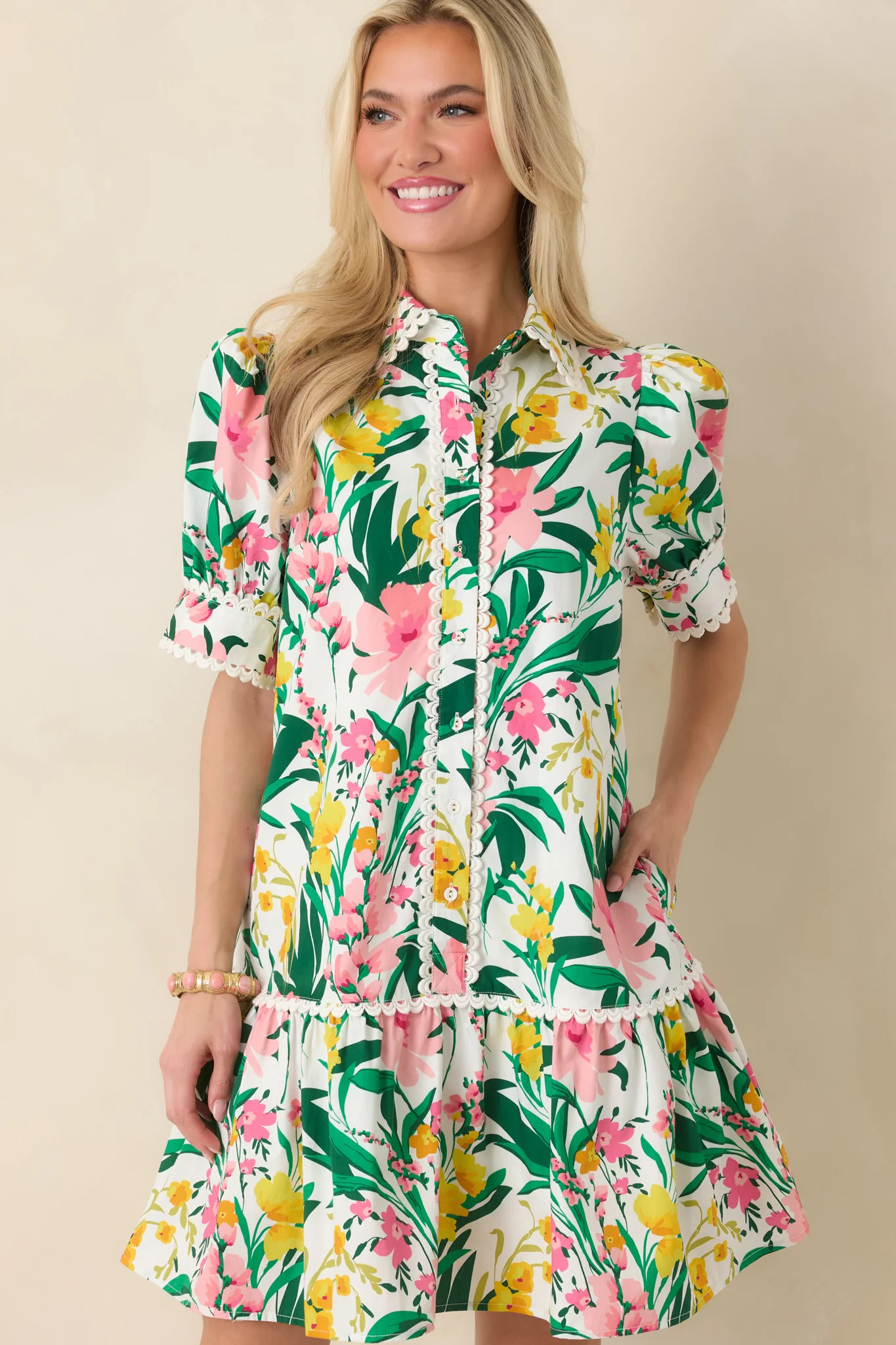 Prosperina Rayne Green & Pink Multi Floral Cotton Mini Dress | Red Dress