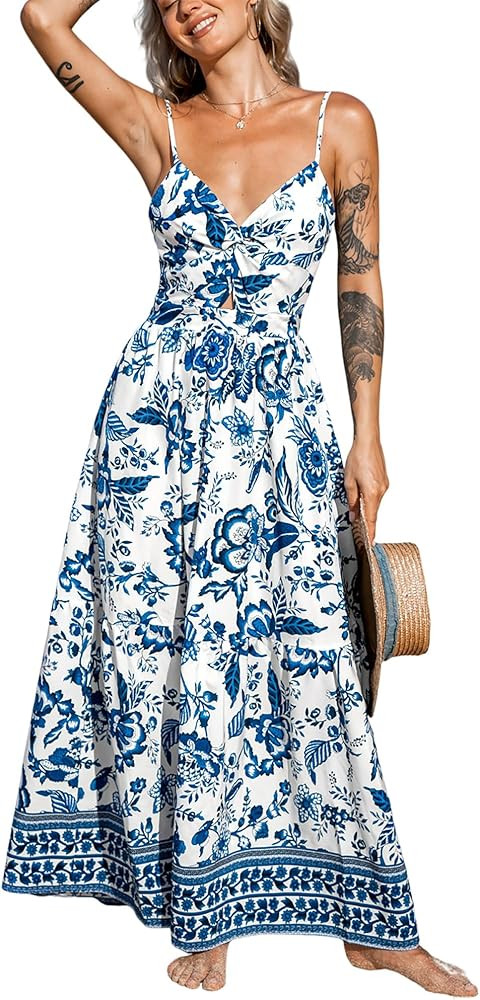 CUPSHE Women's Maxi Dress Floral Print Twisted V Neck Sleeveless Long Dress Summer Casual Dress | Amazon (US)