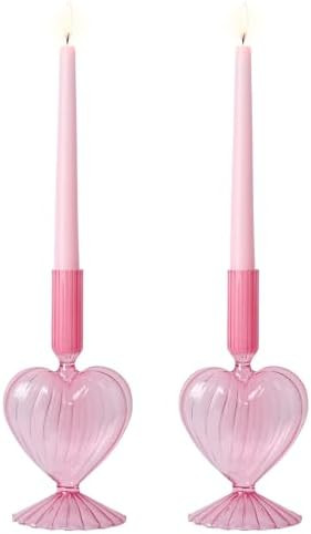 NEEDOMO Valentines Day Decorations, Set of 2 Pink Heart Glass Candlestick Holders for Valentines ... | Amazon (US)