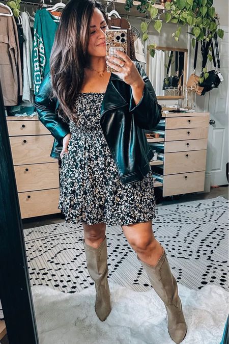 Fall midsize outfit idea- wearing an xl in this smocked romper- sized up one in this vegan leather moto jacket for a loose roomy fit (CODE: 25TARYN) 25% off site wide

#LTKstyletip #LTKSeasonal #LTKcurves