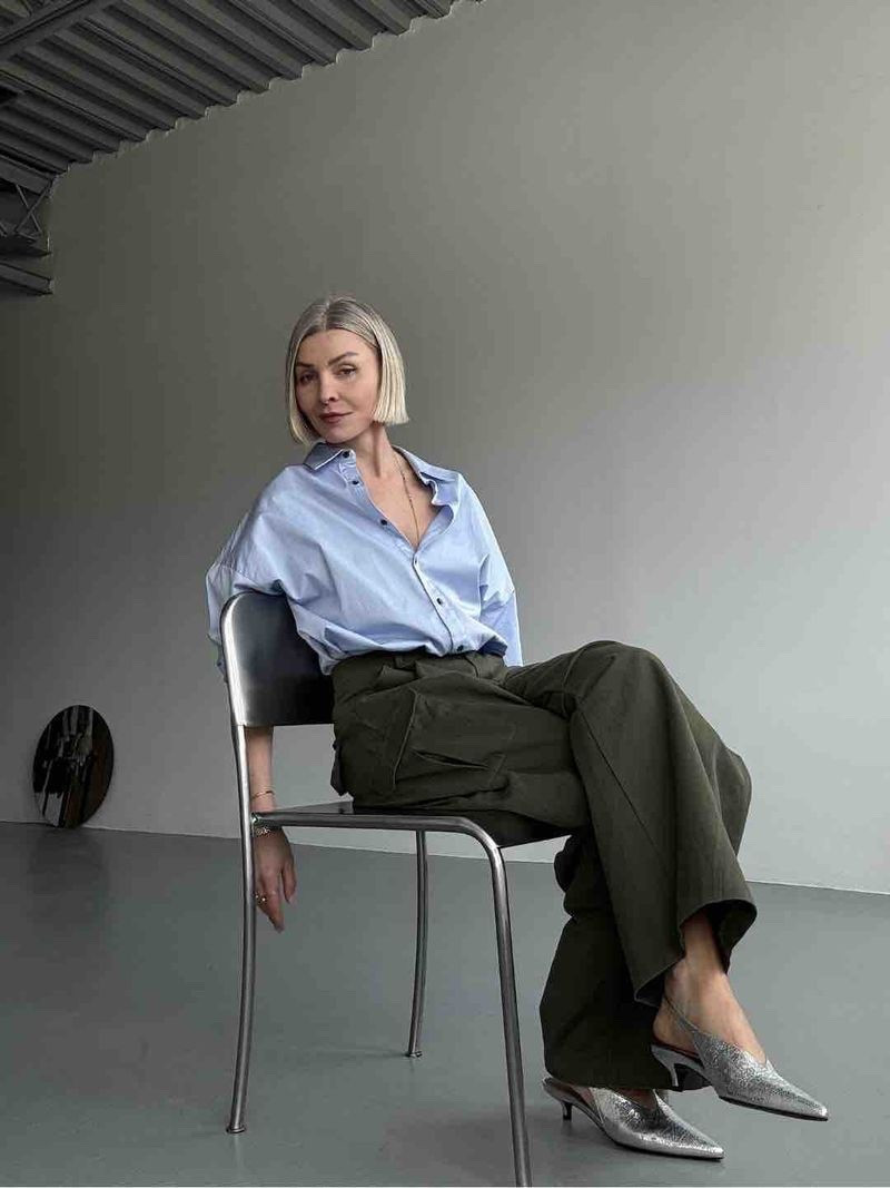 Wearing The Frankie Shop Bronte Cargo pants in size SMALL. Favorite Daughter blue button down. Lachoix silver slingbacks. 