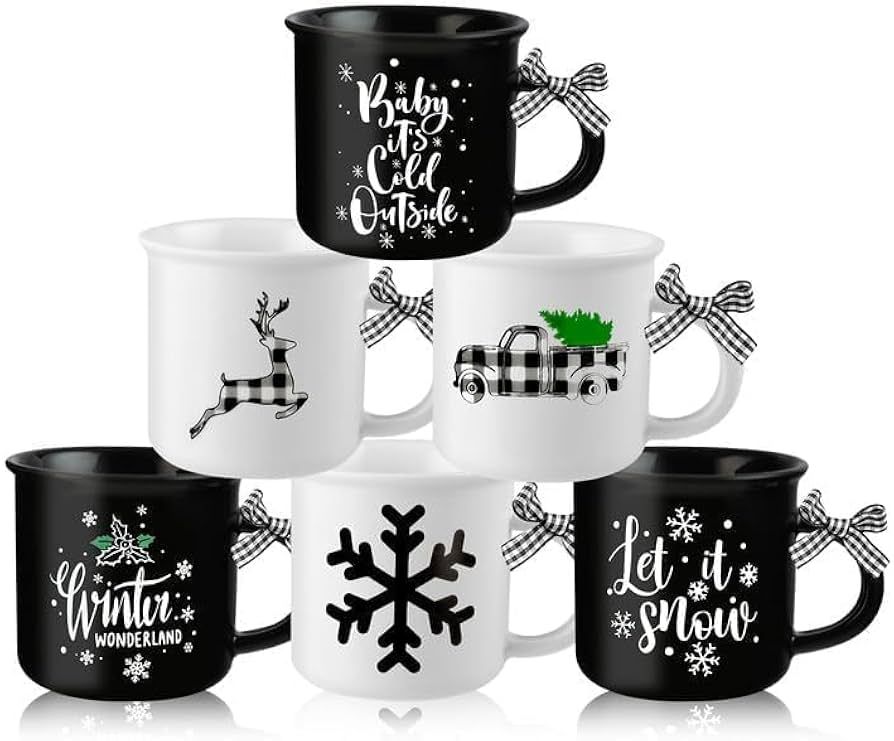 EYNDYN 6 Pcs Christmas Mini Coffee Mug with Ribbon Black White Plaid Christmas Mini Drinking Mug ... | Amazon (US)