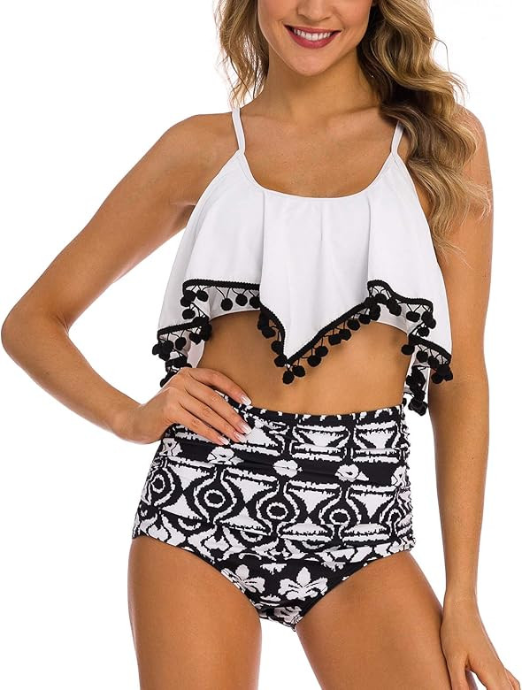 COSKAKA Women's High Neck Two Piece Bathing Suits Top Ruffled High Waist Swimsuit Tankini Bikini ... | Amazon (US)