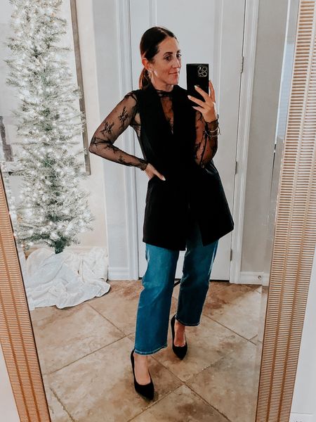 Mesh/lace top (size small) free people look for less under sleeveless blazer and straight leg jeans (size 27) with black pumps🖤 holiday style, winter outfit idea #LTKHoliday 

#LTKsalealert #LTKfindsunder50