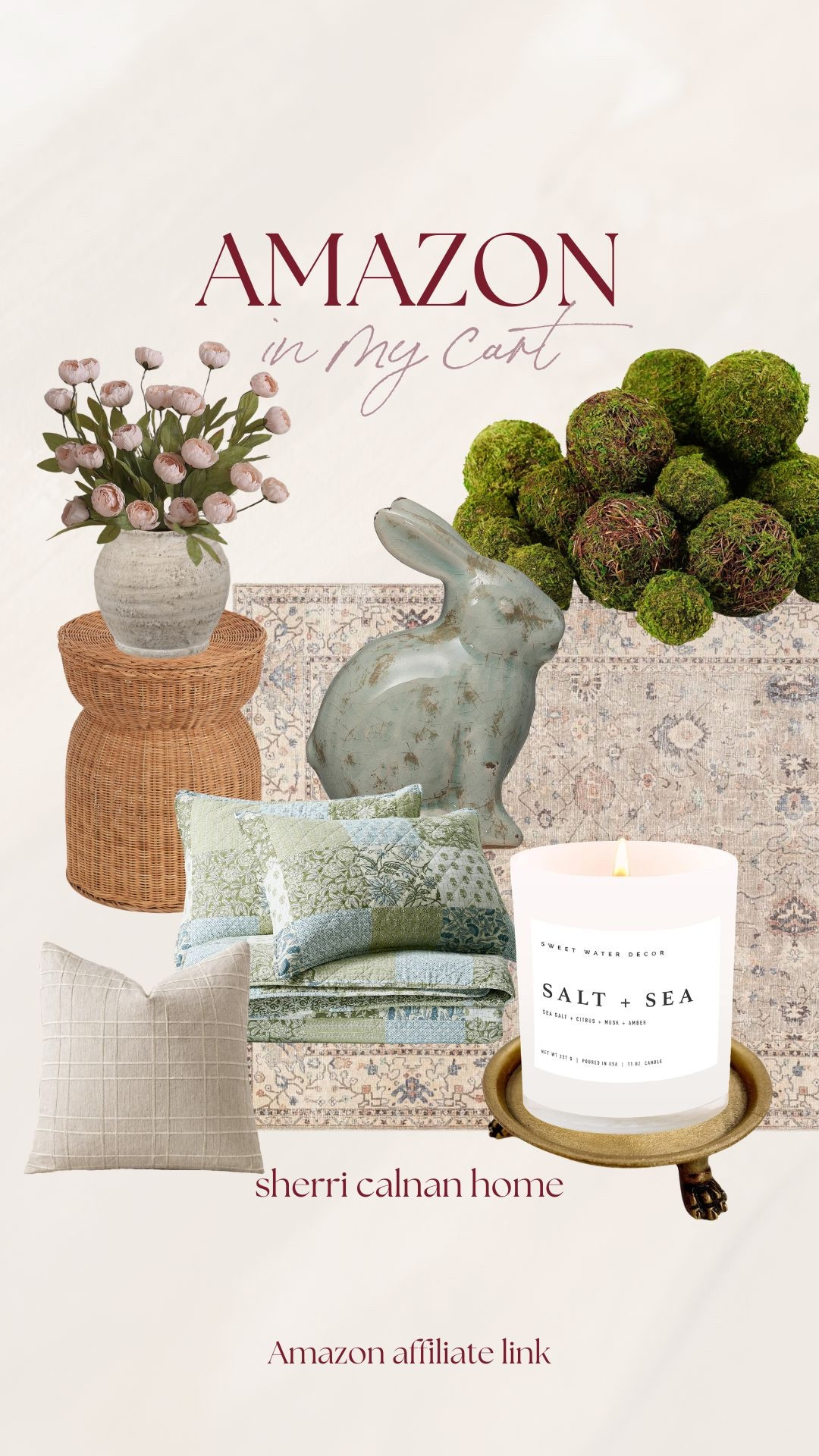 Amazon home finds currently in my cart including moss decorative balls, ceramic bunny decor, patterned throw pillows, woven side table, salt and sea candle, and vintage inspired area rug.

Amazon home finds, spring home decor, moss bowl filler balls, ceramic bunny decor, green patterned pillows, woven side table, salt and sea candle, vintage style area rug, affordable decor updates, sherricalnanhome

#LTKfindsunder50 #LTKhome #LTKfindsunder100