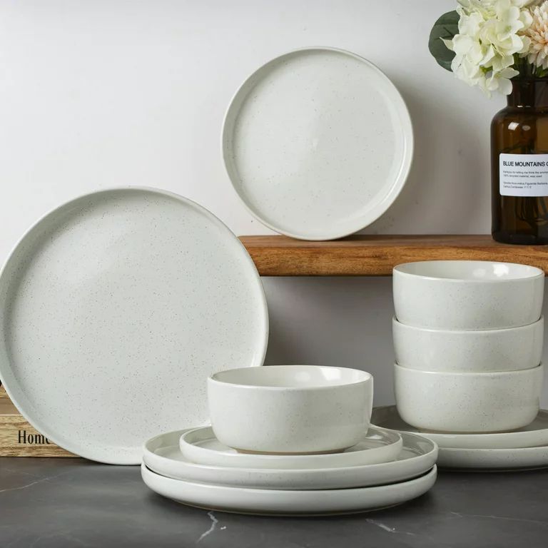 Famiware Plates and Bowls Set, 12 Piece Stoneware Dinnerware Sets, White | Walmart (US)
