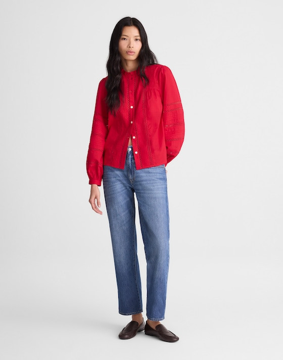 Lace-Insert High-Neck Pintuck Top | Madewell