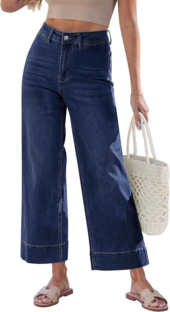 GRAPENT Wide Leg Jeans for Women Cropped Trendy High Waisted Welt Pocket Stretchy Denim Pants Dis... | Amazon (US)