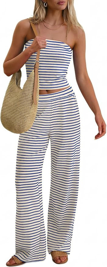 ANRABESS Women 2 Piece Sets Summer Striped Outfits Matching Tube Top Wide Leg Lounge Pants 2026 T... | Amazon (US)