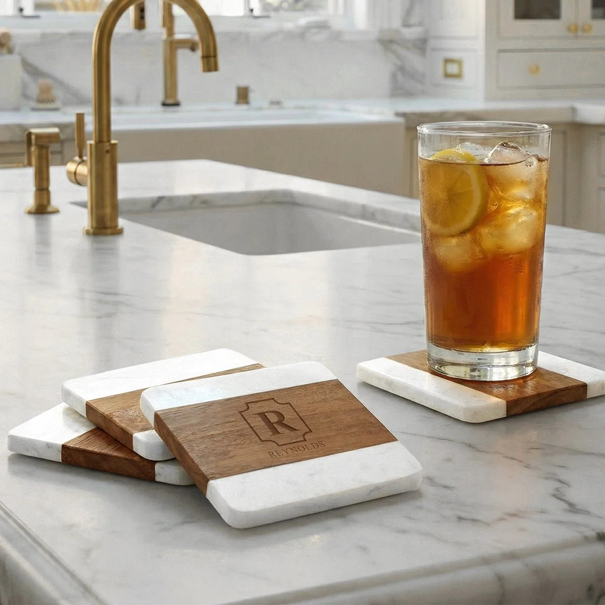 Winslow Custom Marble Coaster Set of 4, White | HomeWetBar.com