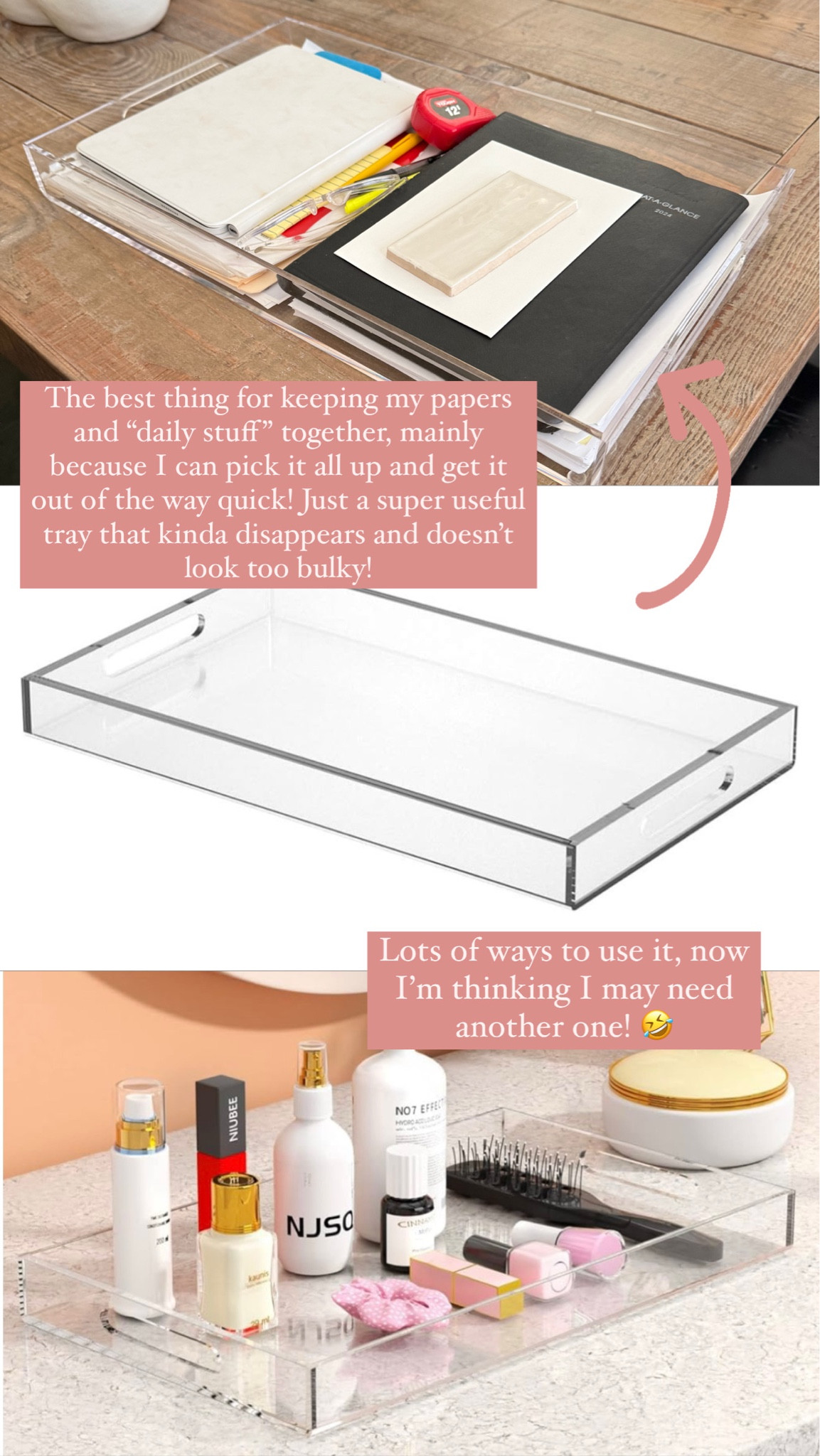 I love this acrylic tray. I can keep my papers, notebooks and iPad altogether and then when I need to get them out of the way, just pick it up. It has lots of other uses, but I use it daily just to contain my clutter! And it looks cute! 😊 

#LTKHome #LTKBeauty #LTKStyleTip