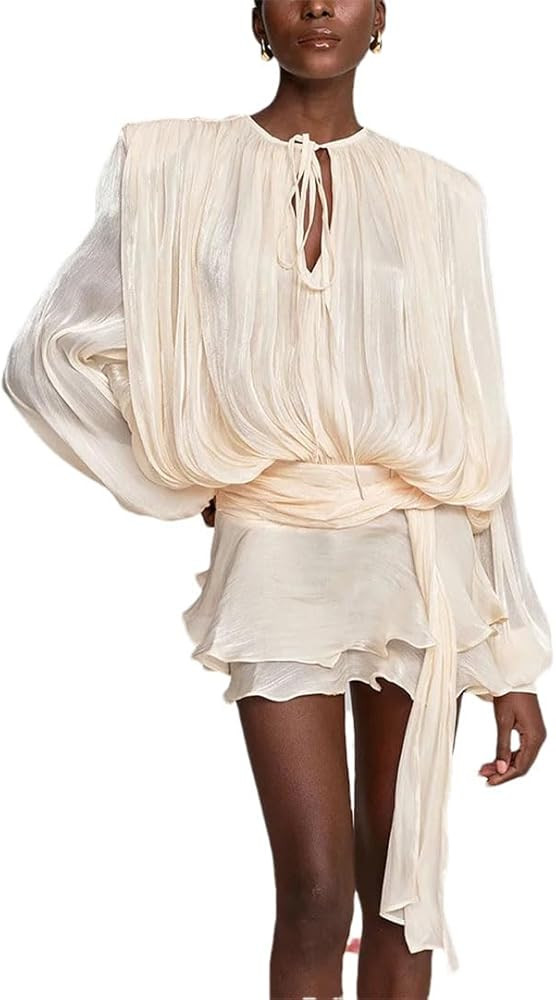 Women Solid Loose Spliced Lace Up Elegant Dresses Round Neck Long Sleeves Patchwork Folds Dress | Amazon (US)