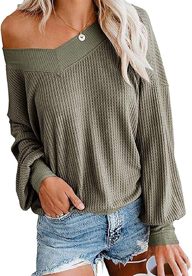 Tobrief Women's V Neck Long Sleeve Waffle Knit Tops Off Shoulder Oversized Pullover Sweater | Amazon (US)