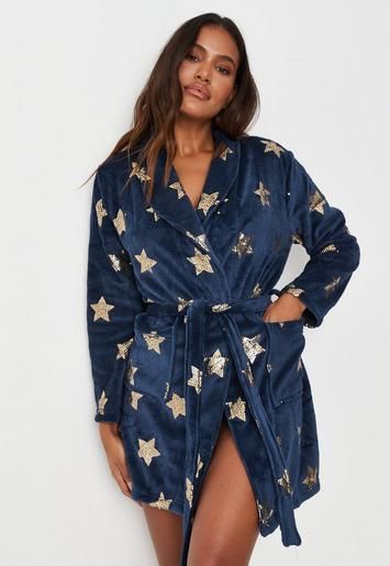 Missguided - Navy Gold Foil Star Print Fluffy Short Dressing Gown | Missguided (US & CA)