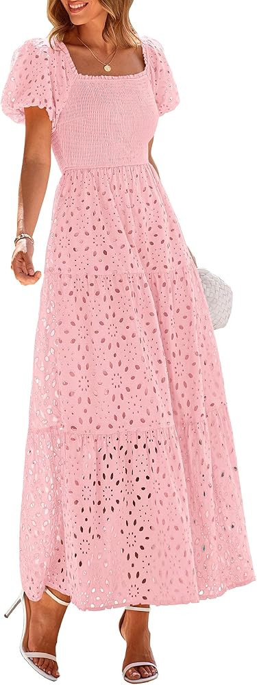 PRETTYGARDEN Summer Dresses for Women 2025 Eyelet Square Neck Puff Sleeve Smocked Wedding Guest M... | Amazon (US)
