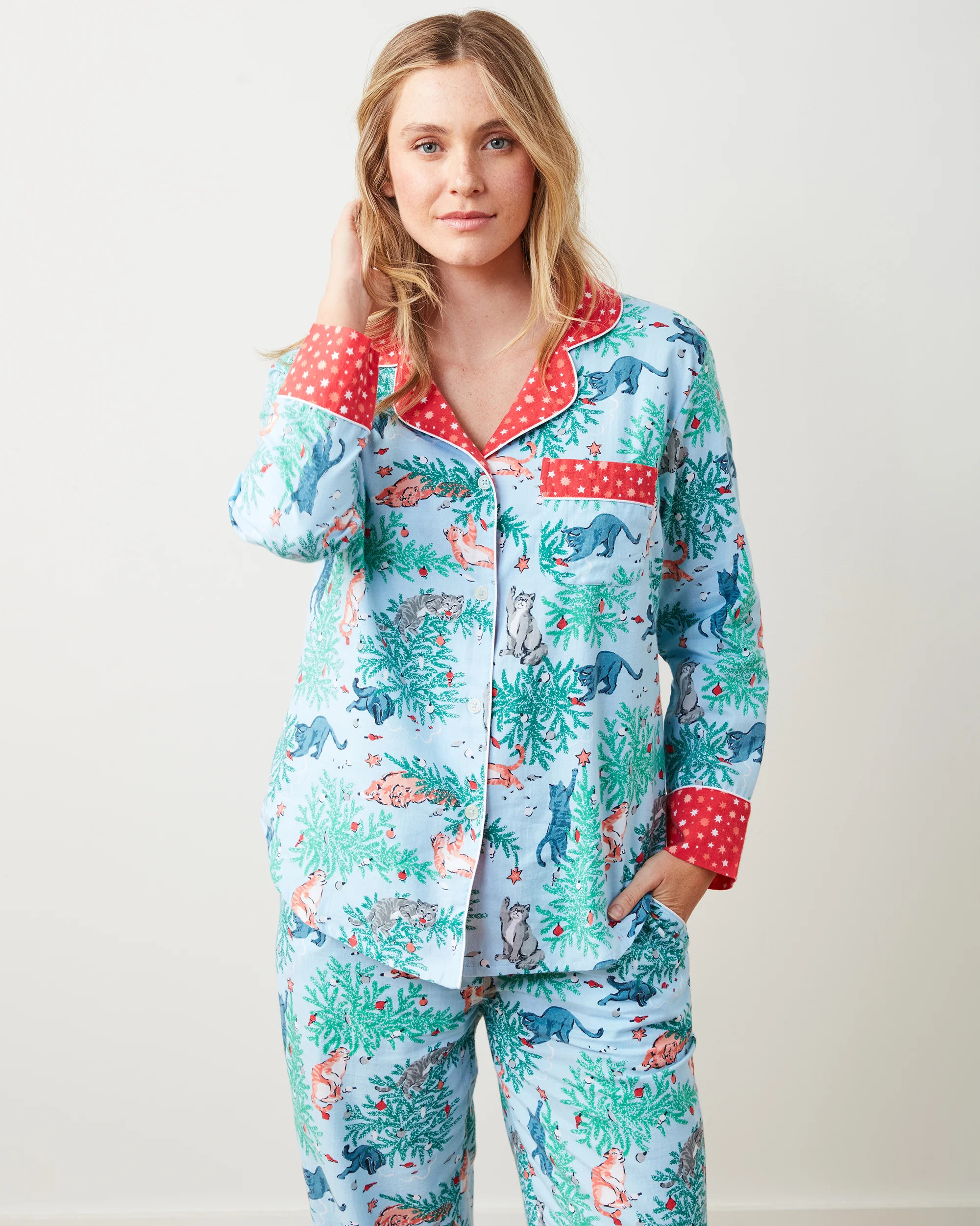 Frisky Firs - Flannel Long PJ Set - Twinkling Blue | Printfresh